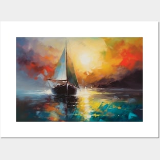 Seascape with a lonely sailboat at sunset. Posters and Art